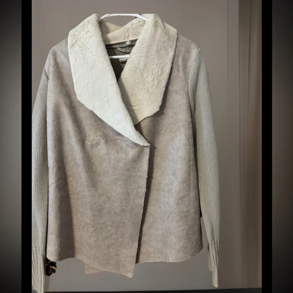 New York & Company Brown Leather & Knit Sweater Cardigan W/A Button & Pockets